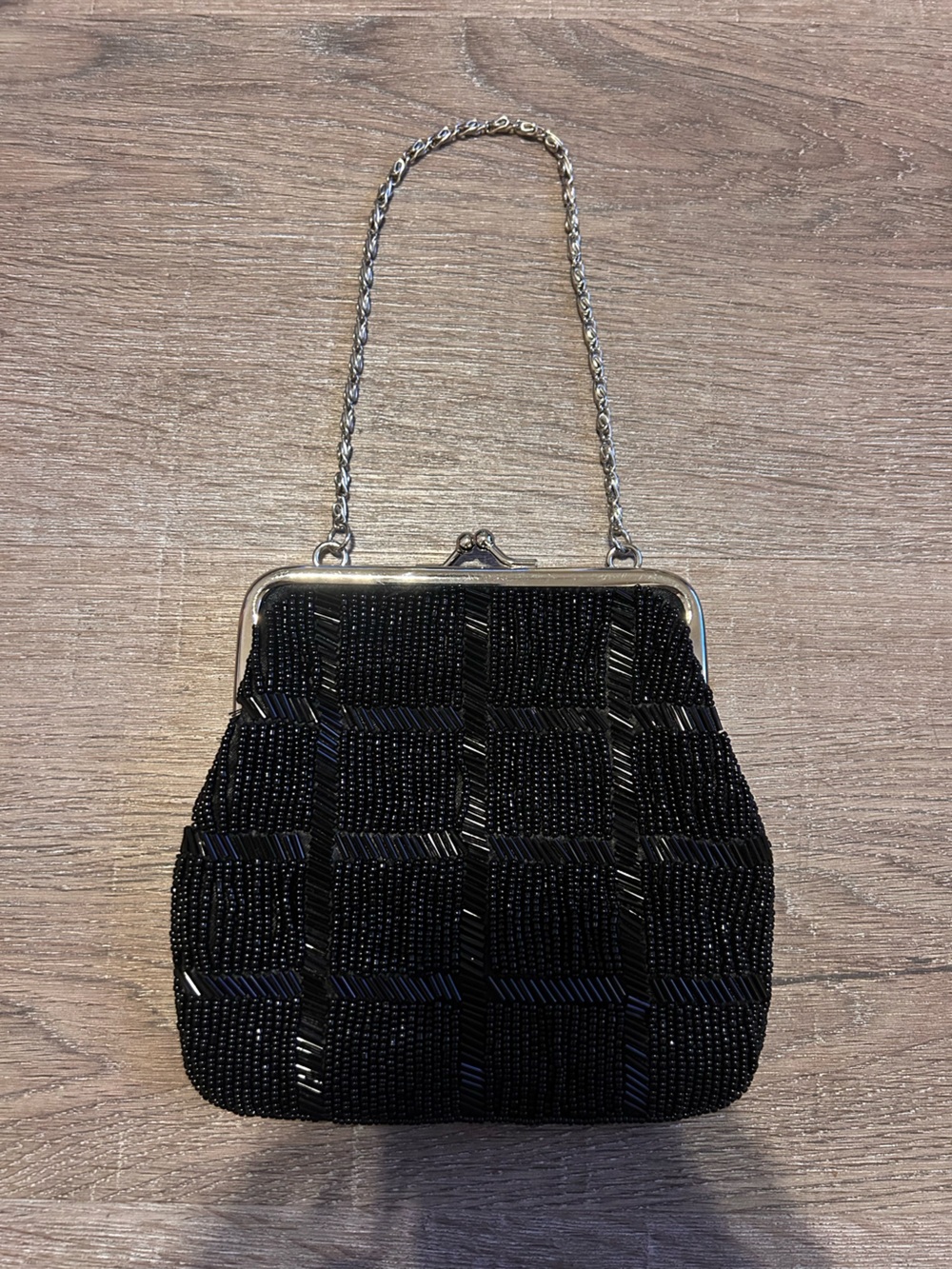 Vintage Black Beaded Evening Handbag - Classic Chain Handle